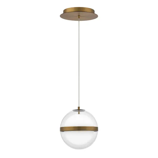 A translucent acrylic sphere divided by a single metallic band captures a clean, modern aesthetic. Multiple pendants are installed on a square canopy to make a impressive visual statement in any space.