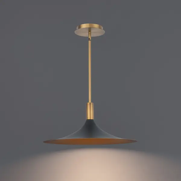 A regal black spun metal shade with a gold painted interior and etched opal glass make for a fine aged brass pendant.