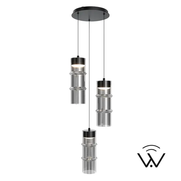 Industrial inspiration gets a sleek upgrade with Kanister. Three cylindrical glass shades hang at varying heights, creating a balanced rhythm of form and light. Black hardware frames the look with clean precision, while the layered transparency brings depth and sophistication. Kanister: modern, minimal, and a little mysterious.