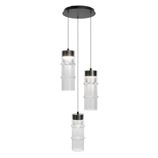 Industrial inspiration gets a sleek upgrade with Kanister. Three cylindrical glass shades hang at varying heights, creating a balanced rhythm of form and light. Black hardware frames the look with clean precision, while the layered transparency brings depth and sophistication. Kanister: modern, minimal, and a little mysterious. Collection: Kanister Finish: Black/White Glass Width: 3.90" Height: 11.80" Length: 11.60" Weight: 0.02 lb Extension from Wall: 11.60" Bulbs Included Number of Bulbs: 3 Maximum Wattage: 9.07 W Bulb Type: Module Light Source: LED Light Output: 1400.00 lm Delivered Lumens: 900.00 lm Color Temperature: 1800 K CRI: 90 Dimmable Rated Average Life: 50000 Voltage: 120.00 V Material: Aluminum Frame with mouth blown glass Country of Origin: Philippines Safety Listing: ETL, cETL LED Manufacturer Warranty: 5 year