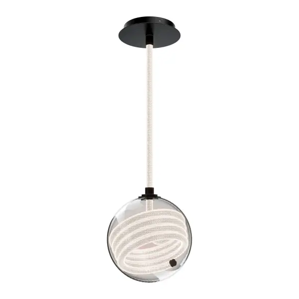 Whimsical yet poised, Roper weaves together form and flexibility in a striking display of modern creativity. A braided nylon mesh cord clasps a glass globe, where a LED tube winds gracefully within, casting soft illumination. The sculptural rope detail adds tactile warmth and movement, blurring the line between art and light. Collection: Roper Finish: Black Width: 9.00" Height: 9.90" Length: 9.00" Weight: 0.02 lb Extension from Wall: 9.00" Bulbs Included Number of Bulbs: 1 Maximum Wattage: 19.20 W Bulb Type: Module Light Source: LED Light Output: 1547.00 lm Delivered Lumens: 632.00 lm Color Temperature: 2700 K CRI: 90 Dimmable Rated Average Life: 50000 Voltage: 120.00 V Material: Aluminum Frame with mouth blown glass Country of Origin: Philippines Safety Listing: ETL, cETL LED Manufacturer Warranty: 5 year