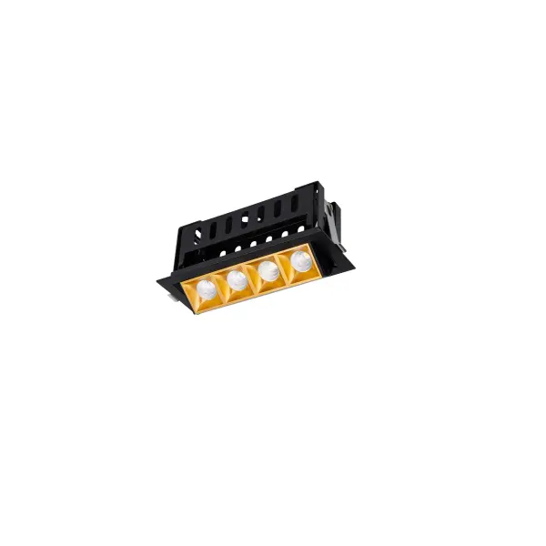 Multi Stealth recessed features a quiet aperture for a nearly glare free environment. Its linear multi cell form factor features a 1.5" aperture, with availability in up to 5 lengths. This series offers a downlight with 40° visual cutoff, an adjustable with 35° bi-directional tilt, and wall washer with specialized optics for even wall illumination. Trimmed and trimless options allow flexibility when integrating to building architecture. Collection: Multi Stealth Sub-Brand: WAC Lighting Finish: Gold/Black Notes: Multi Stealth Adjustable Trim 4 Cell Spot Beam 3000K 90Cri In Gold/Black Width: 2.95" Height: 3.05" Length: 7.76" Weight: 1.85 lb Extension from Wall: 7.76" Bulbs Included Number of Bulbs: 4 Maximum Wattage: 3.50 W Bulb Type: Module Light Source: LED Delivered Lumens: 1030.00 lm Color Temperature: 3000 K CRI: 90 Dimmable Beam Spread: 16.00° Rated Average Life: 50000 Material: Extruded aluminum with injection molded low glare bevel Country of Origin: China Safety Listing: ETL, cETL LED Manufacturer Warranty: 5 year