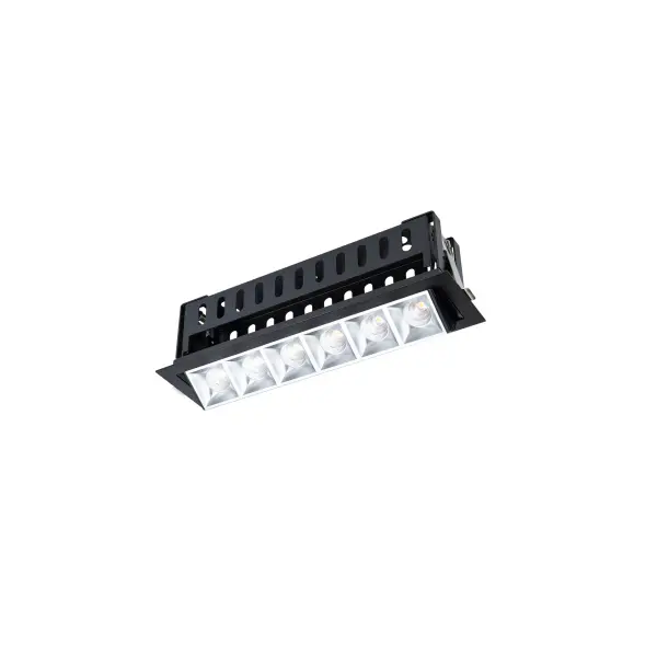 Multi Stealth recessed features a quiet aperture for a nearly glare free environment. Its linear multi cell form factor features a 1.5" aperture, with availability in up to 5 lengths. This series offers a downlight with 40° visual cutoff, an adjustable with 35° bi-directional tilt, and wall washer with specialized optics for even wall illumination. Trimmed and trimless options allow flexibility when integrating to building architecture. Collection: Multi Stealth Sub-Brand: WAC Lighting Finish: Haze/Black Notes: Multi Stealth Adjustable Trim 6 Cell Narrow Flood Beam 3500K 90Cri In Haze/Black Width: 2.95" Height: 3.05" Length: 10.75" Weight: 2.39 lb Extension from Wall: 10.75" Bulbs Included Number of Bulbs: 6 Maximum Wattage: 3.33 W Bulb Type: Module Light Source: LED Delivered Lumens: 1720.00 lm Color Temperature: 3500 K CRI: 90 Dimmable Beam Spread: 32.00° Rated Average Life: 50000 Material: Extruded aluminum with injection molded low glare bevel Country of Origin: China Safety Listing: ETL, cETL LED Manufacturer Warranty: 5 year