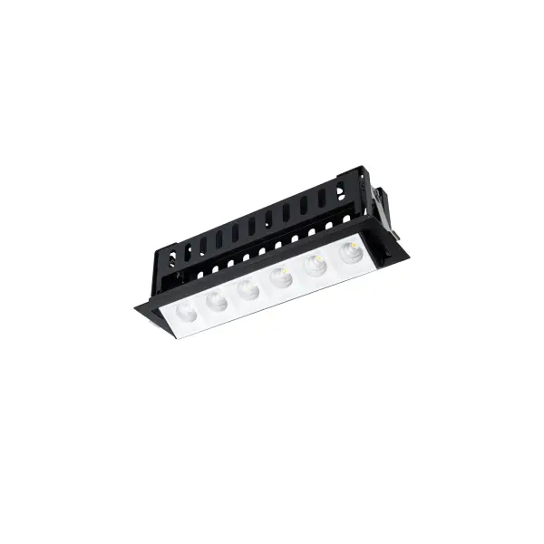 Multi Stealth recessed features a quiet aperture for a nearly glare free environment. Its linear multi cell form factor features a 1.5" aperture, with availability in up to 5 lengths. This series offers a downlight with 40° visual cutoff, an adjustable with 35° bi-directional tilt, and wall washer with specialized optics for even wall illumination. Trimmed and trimless options allow flexibility when integrating to building architecture. Collection: Multi Stealth Sub-Brand: WAC Lighting Finish: White/Black Notes: Multi Stealth Adjustable Trim 6 Cell Narrow Flood Beam 3500K 90Cri In White/Black Width: 2.95" Height: 3.05" Length: 10.75" Weight: 2.39 lb Extension from Wall: 10.75" Bulbs Included Number of Bulbs: 6 Maximum Wattage: 3.33 W Bulb Type: Module Light Source: LED Delivered Lumens: 1720.00 lm Color Temperature: 3500 K CRI: 90 Dimmable Beam Spread: 32.00° Rated Average Life: 50000 Material: Extruded aluminum with injection molded low glare bevel Country of Origin: China Safety Listing: ETL, cETL LED Manufacturer Warranty: 5 year
