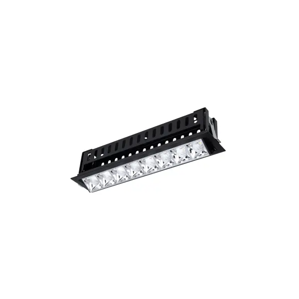 Multi Stealth recessed features a quiet aperture for a nearly glare free environment. Its linear multi cell form factor features a 1.5" aperture, with availability in up to 5 lengths. This series offers a downlight with 40° visual cutoff, an adjustable with 35° bi-directional tilt, and wall washer with specialized optics for even wall illumination. Trimmed and trimless options allow flexibility when integrating to building architecture. Collection: Multi Stealth Sub-Brand: WAC Lighting Finish: Chrome/Black Notes: Multi Stealth Adjustable Trim 8 Cell Narrow Flood Beam 2700K 90Cri In Chrome/Black Width: 2.95" Height: 3.05" Length: 13.76" Weight: 2.91 lb Extension from Wall: 13.76" Bulbs Included Number of Bulbs: 8 Maximum Wattage: 3.38 W Bulb Type: Module Light Source: LED Delivered Lumens: 2120.00 lm Color Temperature: 2700 K CRI: 90 Dimmable Beam Spread: 32.00° Rated Average Life: 50000 Material: Extruded aluminum with injection molded low glare bevel Country of Origin: China Safety Listing: ETL, cETL LED Manufacturer Warranty: 5 year