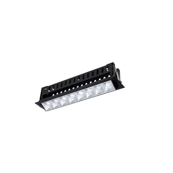 Multi Stealth recessed features a quiet aperture for a nearly glare free environment. Its linear multi cell form factor features a 1.5" aperture, with availability in up to 5 lengths. This series offers a downlight with 40° visual cutoff, an adjustable with 35° bi-directional tilt, and wall washer with specialized optics for even wall illumination. Trimmed and trimless options allow flexibility when integrating to building architecture. Collection: Multi Stealth Sub-Brand: WAC Lighting Finish: Haze/Black Notes: Multi Stealth Adjustable Trim 8 Cell Narrow Flood Beam 2700K 90Cri In Haze/Black Width: 2.95" Height: 3.05" Length: 13.76" Weight: 2.91 lb Extension from Wall: 13.76" Bulbs Included Number of Bulbs: 8 Maximum Wattage: 3.38 W Bulb Type: Module Light Source: LED Delivered Lumens: 2120.00 lm Color Temperature: 2700 K CRI: 90 Dimmable Beam Spread: 32.00° Rated Average Life: 50000 Material: Extruded aluminum with injection molded low glare bevel Country of Origin: China Safety Listing: ETL, cETL LED Manufacturer Warranty: 5 year