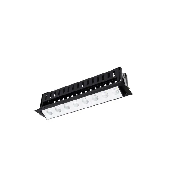 Multi Stealth recessed features a quiet aperture for a nearly glare free environment. Its linear multi cell form factor features a 1.5" aperture, with availability in up to 5 lengths. This series offers a downlight with 40° visual cutoff, an adjustable with 35° bi-directional tilt, and wall washer with specialized optics for even wall illumination. Trimmed and trimless options allow flexibility when integrating to building architecture. Collection: Multi Stealth Sub-Brand: WAC Lighting Finish: White/Black Notes: Multi Stealth Adjustable Trim 8 Cell Flood Beam 4000K 90Cri In White/Black Width: 2.95" Height: 3.05" Length: 13.76" Weight: 2.91 lb Extension from Wall: 13.76" Bulbs Included Number of Bulbs: 8 Maximum Wattage: 3.38 W Bulb Type: Module Light Source: LED Delivered Lumens: 2370.00 lm Color Temperature: 4000 K CRI: 90 Dimmable Beam Spread: 45.00° Rated Average Life: 50000 Material: Extruded aluminum with injection molded low glare bevel Country of Origin: China Safety Listing: ETL, cETL LED Manufacturer Warranty: 5 year