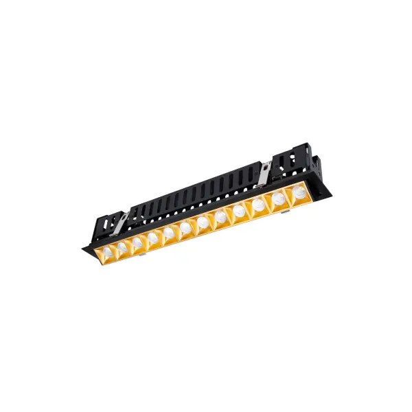 Multi Stealth recessed features a quiet aperture for a nearly glare free environment. Its linear multi cell form factor features a 1.5" aperture, with availability in up to 5 lengths. This series offers a downlight with 40° visual cutoff, an adjustable with 35° bi-directional tilt, and wall washer with specialized optics for even wall illumination. Trimmed and trimless options allow flexibility when integrating to building architecture. Collection: Multi Stealth Sub-Brand: WAC Lighting Finish: Gold/Black Notes: Multi Stealth Adjustable Trim 12 Cell Spot Beam 4000K 90Cri In Gold/Black Width: 2.95" Height: 3.05" Length: 19.76" Weight: 4.48 lb Extension from Wall: 19.76" Bulbs Included Number of Bulbs: 12 Maximum Wattage: 3.17 W Bulb Type: Module Light Source: LED Delivered Lumens: 3490.00 lm Color Temperature: 4000 K CRI: 90 Dimmable Beam Spread: 16.00° Rated Average Life: 50000 Material: Extruded aluminum with injection molded low glare bevel Country of Origin: China Safety Listing: ETL, cETL LED Manufacturer Warranty: 5 year