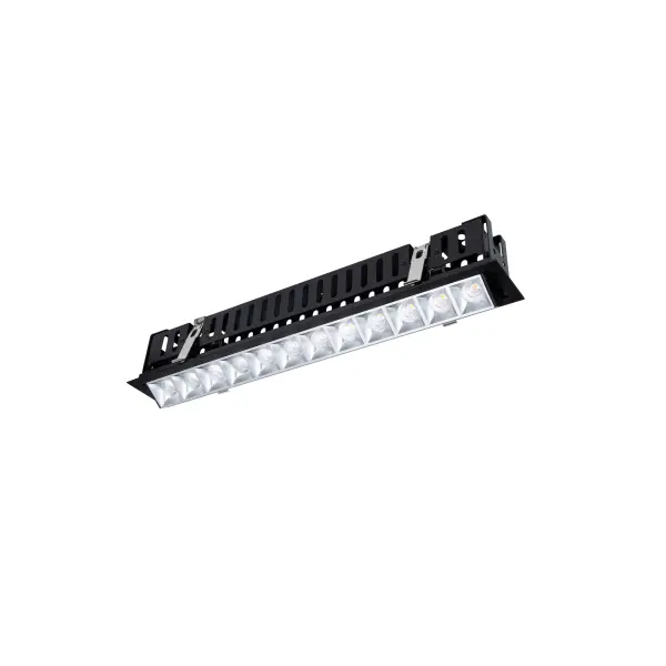 Multi Stealth recessed features a quiet aperture for a nearly glare free environment. Its linear multi cell form factor features a 1.5" aperture, with availability in up to 5 lengths. This series offers a downlight with 40° visual cutoff, an adjustable with 35° bi-directional tilt, and wall washer with specialized optics for even wall illumination. Trimmed and trimless options allow flexibility when integrating to building architecture. Collection: Multi Stealth Sub-Brand: WAC Lighting Finish: Haze/Black Notes: Multi Stealth Adjustable Trim 12 Cell Spot Beam 4000K 90Cri In Haze/Black Width: 2.95" Height: 3.05" Length: 19.76" Weight: 4.48 lb Extension from Wall: 19.76" Bulbs Included Number of Bulbs: 12 Maximum Wattage: 3.17 W Bulb Type: Module Light Source: LED Delivered Lumens: 3490.00 lm Color Temperature: 4000 K CRI: 90 Dimmable Beam Spread: 16.00° Rated Average Life: 50000 Material: Extruded aluminum with injection molded low glare bevel Country of Origin: China Safety Listing: ETL, cETL LED Manufacturer Warranty: 5 year