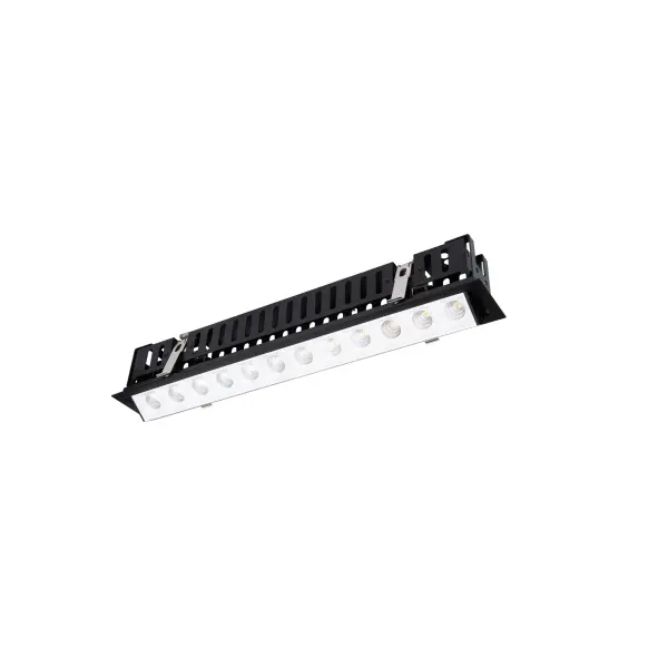 Multi Stealth recessed features a quiet aperture for a nearly glare free environment. Its linear multi cell form factor features a 1.5" aperture, with availability in up to 5 lengths. This series offers a downlight with 40° visual cutoff, an adjustable with 35° bi-directional tilt, and wall washer with specialized optics for even wall illumination. Trimmed and trimless options allow flexibility when integrating to building architecture. Collection: Multi Stealth Sub-Brand: WAC Lighting Finish: White/Black Notes: Multi Stealth Adjustable Trim 12 Cell Spot Beam 4000K 90Cri In White/Black Width: 2.95" Height: 3.05" Length: 19.76" Weight: 4.48 lb Extension from Wall: 19.76" Bulbs Included Number of Bulbs: 12 Maximum Wattage: 3.17 W Bulb Type: Module Light Source: LED Delivered Lumens: 3490.00 lm Color Temperature: 4000 K CRI: 90 Dimmable Beam Spread: 16.00° Rated Average Life: 50000 Material: Extruded aluminum with injection molded low glare bevel Country of Origin: China Safety Listing: ETL, cETL LED Manufacturer Warranty: 5 year