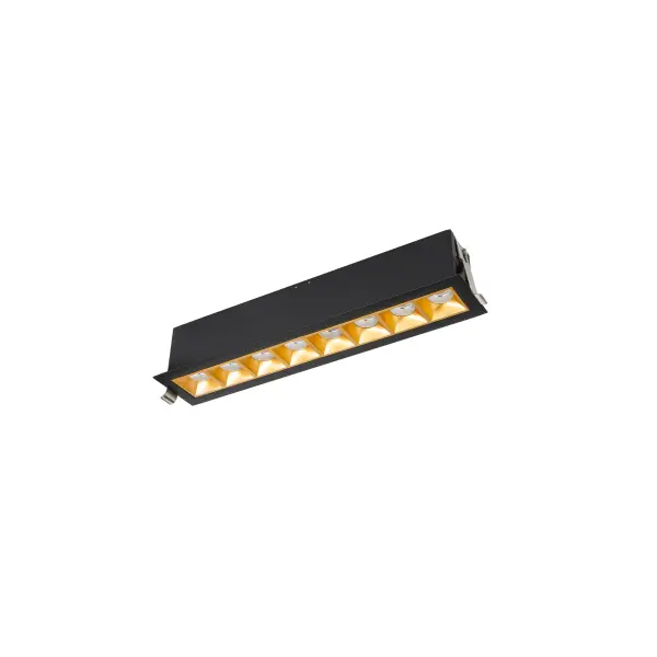 Multi Stealth recessed features a quiet aperture for a nearly glare free environment. Its linear multi cell form factor features a 1.5" aperture, with availability in up to 5 lengths. This series offers a downlight with 40° visual cutoff, an adjustable with 35° bi-directional tilt, and wall washer with specialized optics for even wall illumination. Trimmed and trimless options allow flexibility when integrating to building architecture. Collection: Multi Stealth Sub-Brand: WAC Lighting Finish: Gold/Black Notes: Multi Stealth Downlight Trim 8 Cell Flood Beam 2700K 90Cri In Gold/Black Width: 2.54" Height: 2.63" Length: 13.00" Weight: 2.25 lb Extension from Wall: 13.00" Bulbs Included Number of Bulbs: 8 Maximum Wattage: 3.38 W Bulb Type: Module Light Source: LED Delivered Lumens: 2100.00 lm Color Temperature: 2700 K CRI: 90 Dimmable Beam Spread: 45.00° Rated Average Life: 50000 Material: Extruded aluminum with injection molded low glare bevel Country of Origin: China Safety Listing: ETL, cETL LED Manufacturer Warranty: 5 year