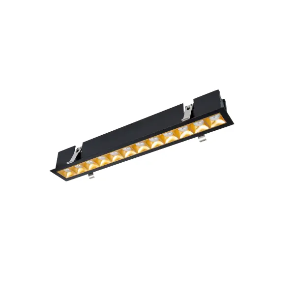 Multi Stealth recessed features a quiet aperture for a nearly glare free environment. Its linear multi cell form factor features a 1.5" aperture, with availability in up to 5 lengths. This series offers a downlight with 40° visual cutoff, an adjustable with 35° bi-directional tilt, and wall washer with specialized optics for even wall illumination. Trimmed and trimless options allow flexibility when integrating to building architecture. Collection: Multi Stealth Sub-Brand: WAC Lighting Finish: Gold/Black Notes: Multi Stealth Downlight Trim 12 Cell Flood Beam 3500K 90Cri In Gold/Black Width: 2.54" Height: 2.63" Length: 19.00" Weight: 3.42 lb Extension from Wall: 19.00" Bulbs Included Number of Bulbs: 12 Maximum Wattage: 3.17 W Bulb Type: Module Light Source: LED Delivered Lumens: 3500.00 lm Color Temperature: 3500 K CRI: 90 Dimmable Beam Spread: 45.00° Rated Average Life: 50000 Material: Extruded aluminum with injection molded low glare bevel Country of Origin: China Safety Listing: ETL, cETL LED Manufacturer Warranty: 5 year