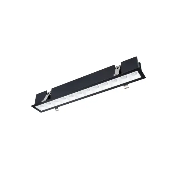 Multi Stealth recessed features a quiet aperture for a nearly glare free environment. Its linear multi cell form factor features a 1.5" aperture, with availability in up to 5 lengths. This series offers a downlight with 40° visual cutoff, an adjustable with 35° bi-directional tilt, and wall washer with specialized optics for even wall illumination. Trimmed and trimless options allow flexibility when integrating to building architecture. Collection: Multi Stealth Sub-Brand: WAC Lighting Finish: White/Black Notes: Multi Stealth Downlight Trim 12 Cell Flood Beam 3500K 90Cri In White/Black Width: 2.54" Height: 2.63" Length: 19.00" Weight: 3.42 lb Extension from Wall: 19.00" Bulbs Included Number of Bulbs: 12 Maximum Wattage: 3.17 W Bulb Type: Module Light Source: LED Delivered Lumens: 3500.00 lm Color Temperature: 3500 K CRI: 90 Dimmable Beam Spread: 45.00° Rated Average Life: 50000 Material: Extruded aluminum with injection molded low glare bevel Country of Origin: China Safety Listing: ETL, cETL LED Manufacturer Warranty: 5 year