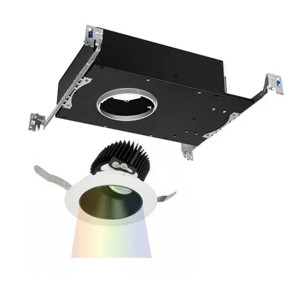 Aether Color Changing is a high-performance recessed downlight with a state-of-the-art color and CCT tuning LED controlled by DMX-512A and 0-10V technology. Available in a variety of trim options including a sleek trimless option which can be spackled directly up to the aperture. At 3.5" in housing height, Aether is designed to fit the most difficult tight plenum spaces.