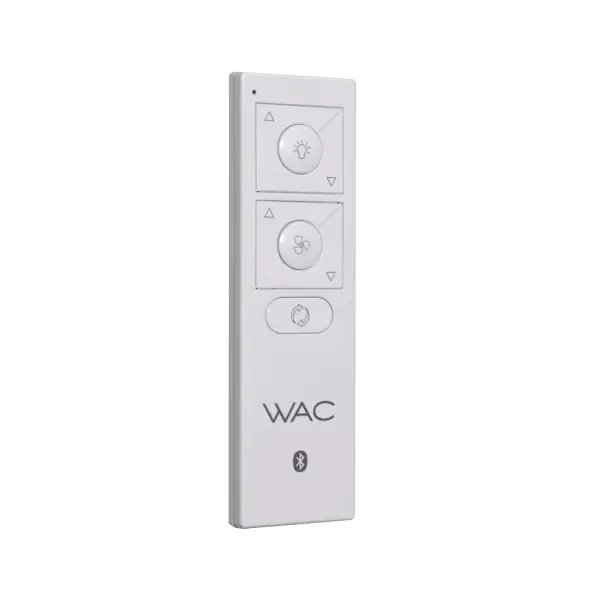 Battery operated bluetooth wireless remote for fan control. Wireless remote is optional - each WAC Lighting Ceiling Fan can be controlled through the paid WAC Lighting App available in the Google Play or App Store. Battery operated (CR 2032 battery included), lasts up to 5-years with normal use. Luminaire on/off control and 0-100% brightness control with fan on/off button and 6 speed fan control. Includes Winter/Summer mode switch to reverse fan for warm or cool air flow. Includes a magnetic cradle with easy installation for wall mounting.