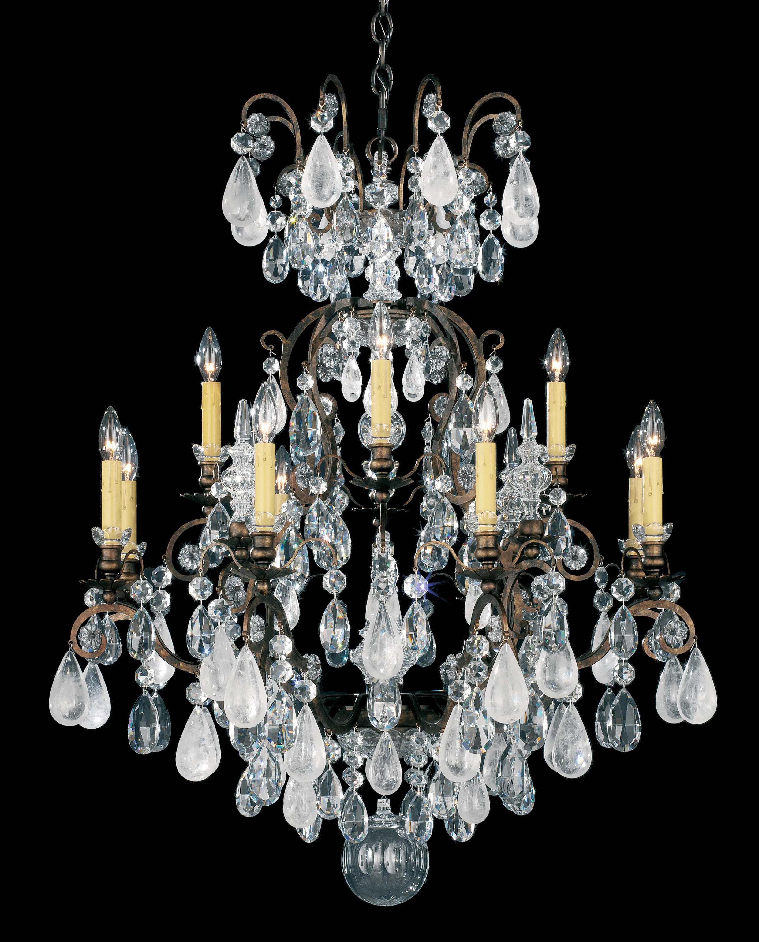 Renaissance Rock Crystal 13 Light 120V Chandelier in Heirloom Gold with Amethyst & Black Diamond Quartz Crystal