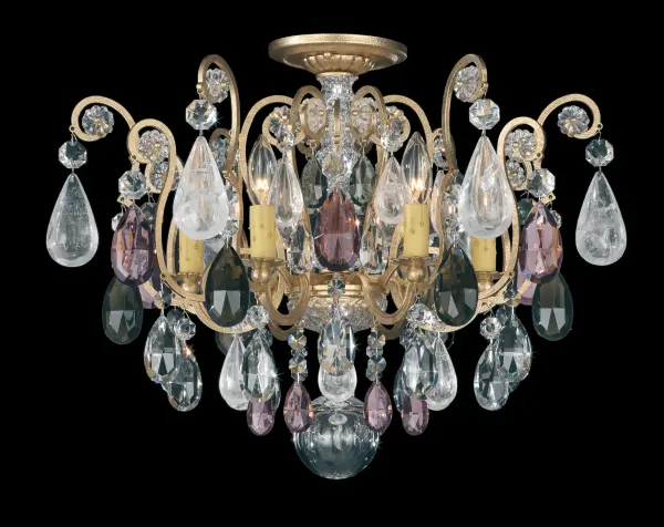 The warmth of precious gemstones brings to life a Renaissance Schonbek trimmed in Quartz Crystal.  Historically-finished laser cut steel arms are generously accessorized to complete this homage to the hospitality of antiquity.