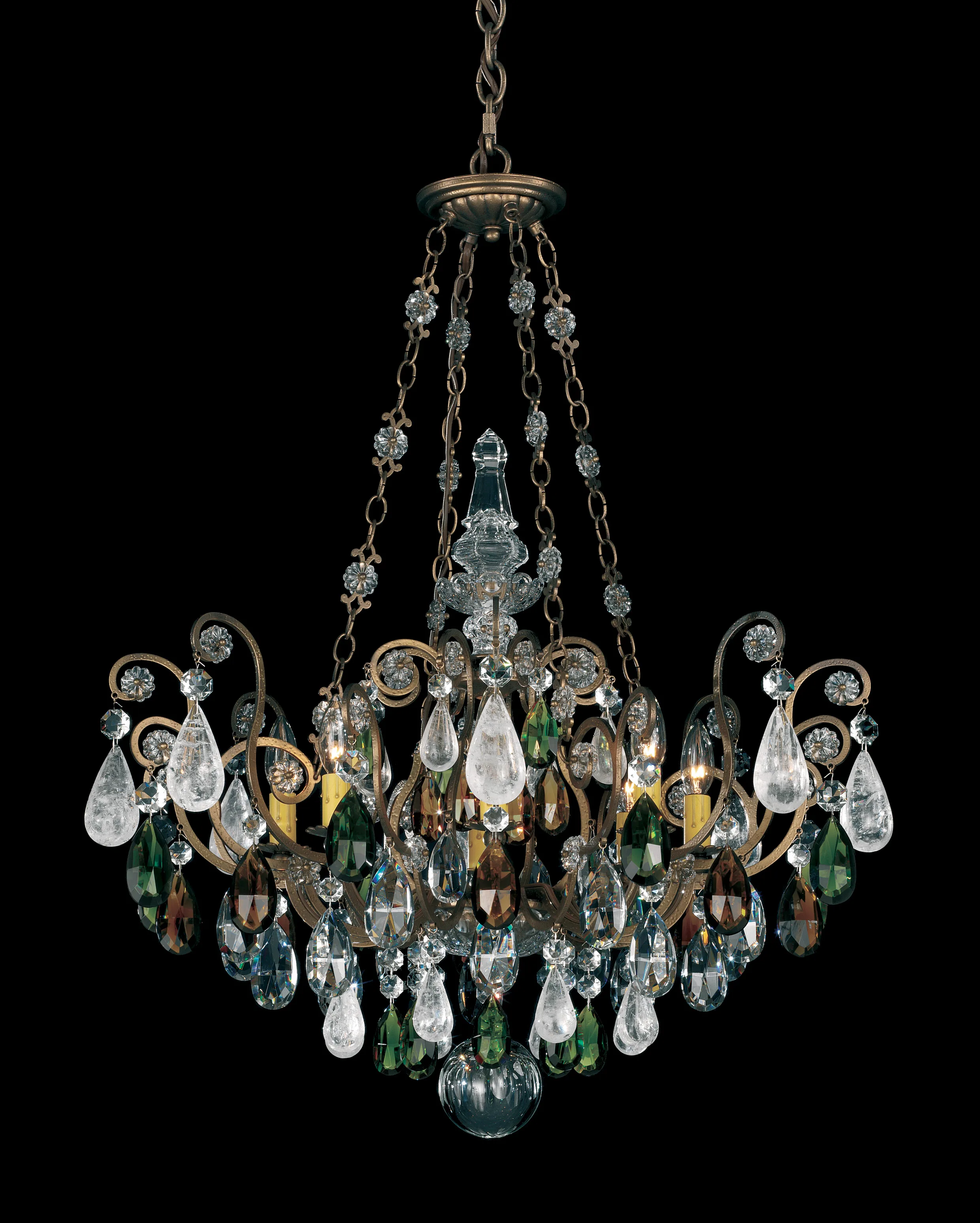 Renaissance Rock Crystal 8 Light 120V Pendant in Heirloom Gold with Amethyst & Black Diamond Quartz Crystal