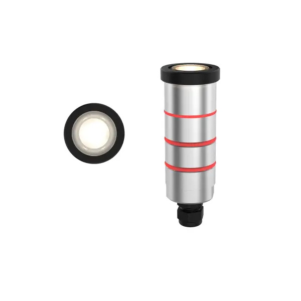LED recessed inground indicator luminaire for both soft and hard ground applications available in 1" or 2" sizes with round, slim, slotted face plate options.  The indicator light is perfect for indoor and outdoor applications, including wells and ponds, decks and patios, inground, as well as ceiling and wall applications.  Factory sealed and IP68 Rated for Wet Locations or continuous immersion up to 5 meters underwater.  Each indicator light includes 6' of low voltage burial cable, direct burial gel-filled wire nuts, and an optional spring retention clip. WAC power supply is required.  Concrete Pour Kits are available for additional installation options.
