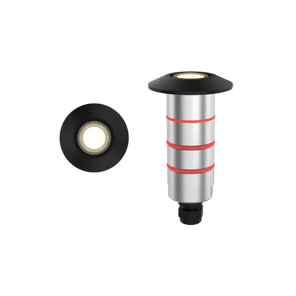 LED recessed inground indicator luminaire for both soft and hard ground applications available in 1" or 2" sizes with round, slim, slotted face plate options.  The indicator light is perfect for indoor and outdoor applications, including wells and ponds, decks and patios, inground, as well as ceiling and wall applications.  Factory sealed and IP68 Rated for Wet Locations or continuous immersion up to 5 meters underwater.  Each indicator light includes 6' of low voltage burial cable, direct burial gel-filled wire nuts, and an optional spring retention clip. WAC power supply is required.  Concrete Pour Kits are available for additional installation options.