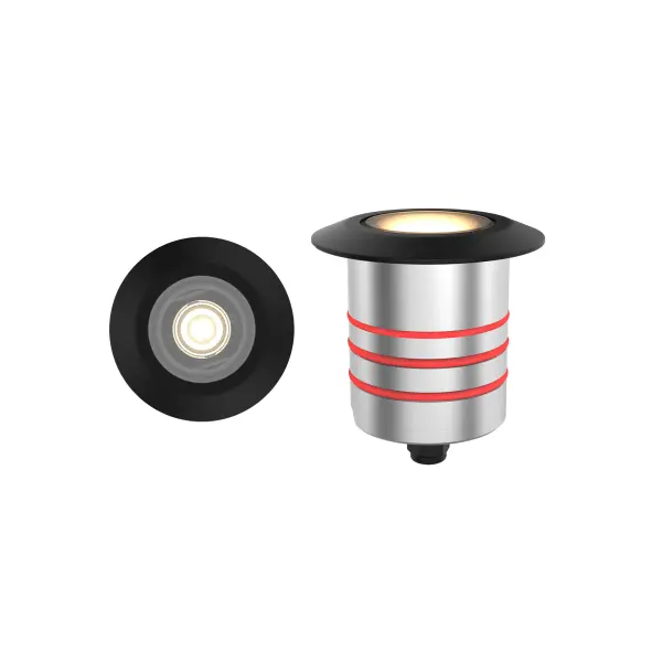 LED recessed inground indicator luminaire for both soft and hard ground applications available in 1" or 2" sizes with round, slim, slotted face plate options.  The indicator light is perfect for indoor and outdoor applications, including wells and ponds, decks and patios, inground, as well as ceiling and wall applications.  Factory sealed and IP68 Rated for Wet Locations or continuous immersion up to 5 meters underwater.  Each indicator light includes 6' of low voltage burial cable, direct burial gel-filled wire nuts, and an optional spring retention clip. WAC power supply is required.  Concrete Pour Kits are available for additional installation options.