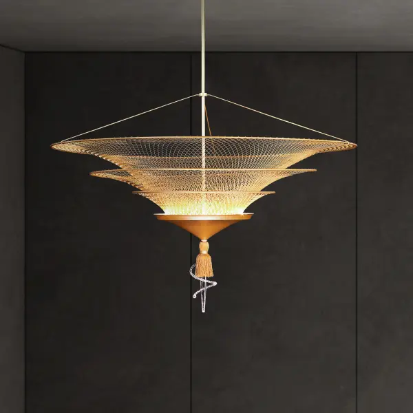 Like a stroll across the piazza on an Italian holiday, Veneto lifts the spirit with its progressive gilded tiers.  Together, the glowing vintage parasols of fine golden thread converge in a gleaming tassled crystal spike.