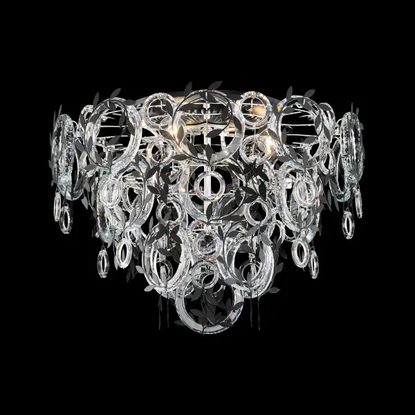 The Concetta flush mount light is a breathtaking blend of organic beauty and refined artistry, featuring a circular silhouette crafted from concentric tiers of faceted Radiance® Crystal rings. Intricately cut metal leaves twine gracefully around each ring like delicate vines, creating a brilliant display of light and texture. This striking design juxtaposes modern luxury with natural elegance.