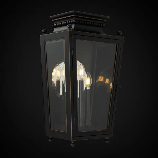Classic charm merges with modern elegance. The Milton wall lantern’s subtle tapered design adds texture, while four petite ball feet provide a graceful, elevated stance. A stacked roof element enhances its architectural silhouette, complemented by a striking grey oxide, weather-resistant finish. Brass-trimmed doors with clear glass shades encase a trio of candle slips nestled within, while a round mirror on the lantern’s inside wall amplifies a warm, inviting glow.