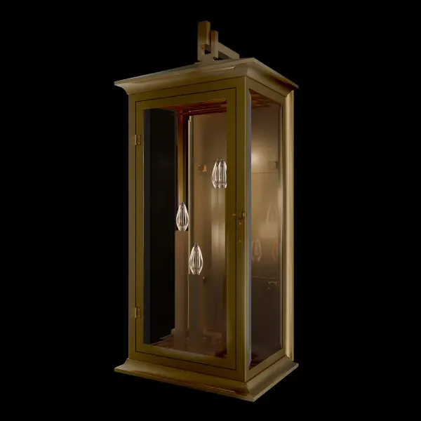 The Dresden wall lantern embodies a perfect balance of visual appeal and durability. Constructed of pure brass, its boxed structure features a stepped modern roofline and handle for a contemporary touch. Glass panels enclose the design, protecting the candle lamping within, while the front window openings ensure easy access for maintenance. A beveled mirror on the back wall intensifies the golden glow, creating a radiant and welcoming setting.