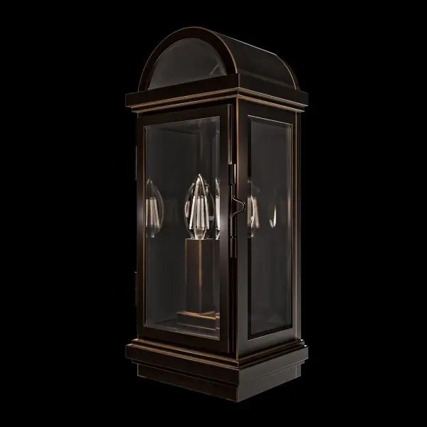 The Villenova outdoor wall lantern features a gracefully arched top and beveled frame, all finished in elegant black with subtly burnished edges. Clear beveled glass panels surrounding square candle-style lights lend a modern touch, while a decorative overlay hinge adds a refined, detailed accent. Villenova is perfect for enhancing outdoor spaces with timeless elegance and contemporary flair.