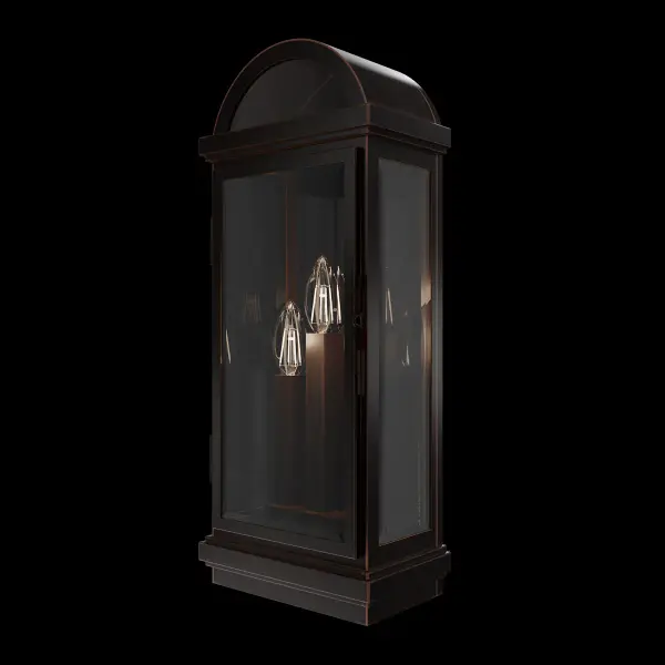 The Villenova outdoor wall lantern features a gracefully arched top and beveled frame, all finished in elegant black with subtly burnished edges. Clear beveled glass panels surrounding square candle-style lights lend a modern touch, while a decorative overlay hinge adds a refined, detailed accent. Villenova is perfect for enhancing outdoor spaces with timeless elegance and contemporary flair.
