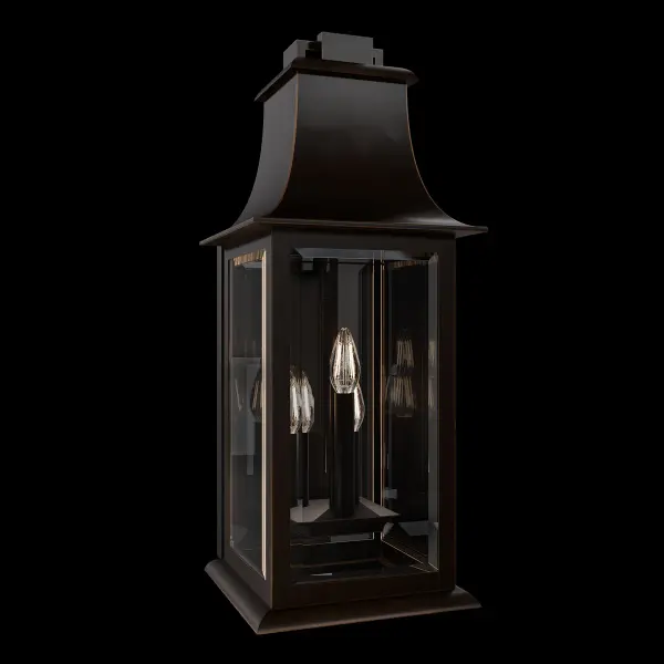 This outdoor lantern exudes sophistication with its tall, swooping mansard roof, intricate top detail, and classic silhouette. Clear beveled glass panels encase candelabra-style lights, creating a welcoming glow. Rising from a sturdy base, the elegant design adds height and refinement to any outdoor area.