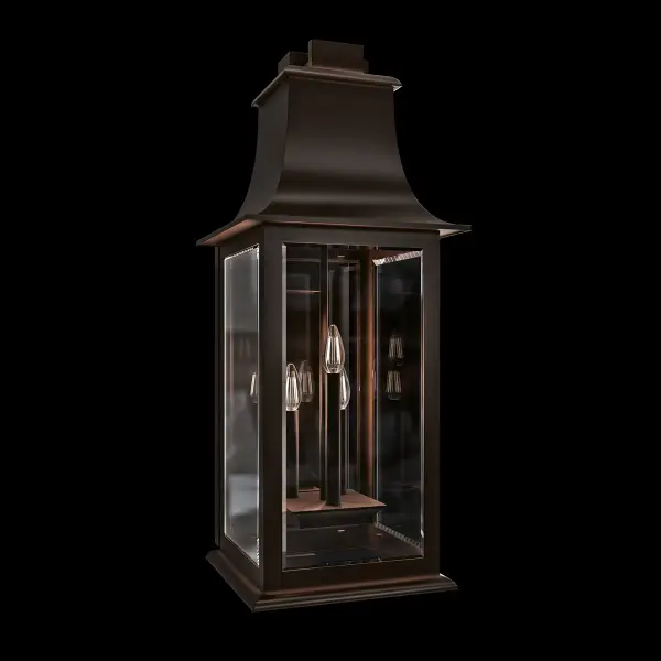 This outdoor lantern exudes sophistication with its tall, swooping mansard roof, intricate top detail, and classic silhouette. Clear beveled glass panels encase candelabra-style lights, creating a welcoming glow. Rising from a sturdy base, the elegant design adds height and refinement to any outdoor area.