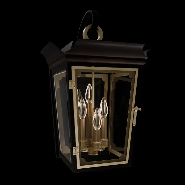 Inspired by the classic pocket lantern, Ausable reimagines tradition with refined elegance. Its striking silhouette is accented with pure brass trim, while an upward-flaring roofline crowns the design, setting glass panes beneath a beautifully detailed top complete with a hanging loop. The front panel conveniently hinges open, providing access to the candelabra-style lamping set against a beveled mirror. This mirror enhances the warm ambient glow, adding a shimmering touch to the light as it filters through the textured glass.