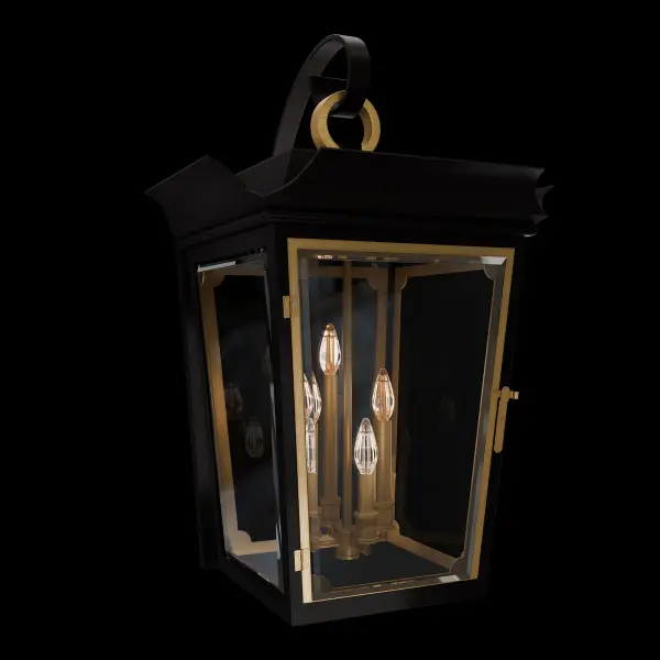 Inspired by the classic pocket lantern, Ausable reimagines tradition with refined elegance. Its striking silhouette is accented with pure brass trim, while an upward-flaring roofline crowns the design, setting glass panes beneath a beautifully detailed top complete with a hanging loop. The front panel conveniently hinges open, providing access to the candelabra-style lamping set against a beveled mirror. This mirror enhances the warm ambient glow, adding a shimmering touch to the light as it filters through the textured glass.