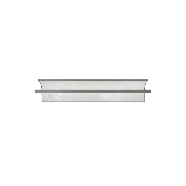 A textured reflective panel in a simple curve is held by a slim bar. Dedicated LED light sources within its frame enhances the translucent slab of patterned acrylic with a warm glow.