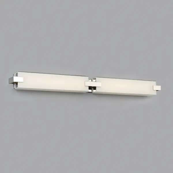 Two polished nickel clips gently restrain the tempered, mitered glass diffuser.  An elegant meditation on balance.