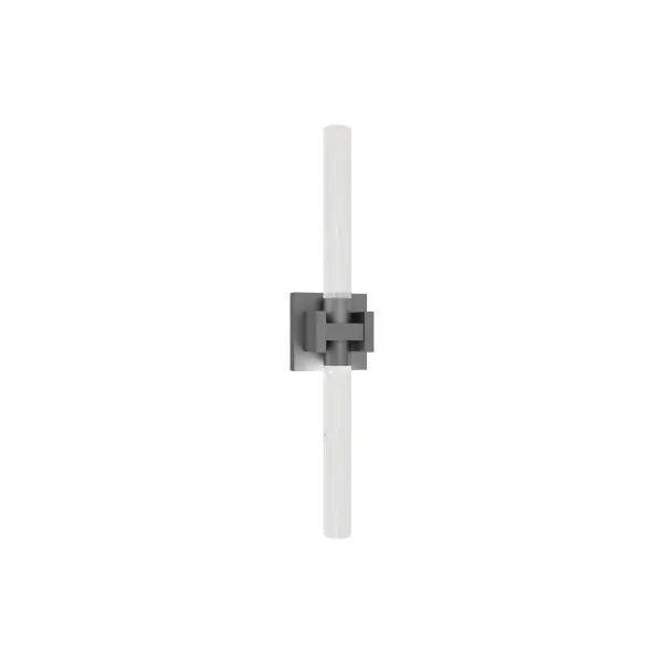 A glimmering bar of textured glass makes a luminous impression. Its sleek square metal wall plate anchors a cylindrical metal collar holding the lightbar in place.