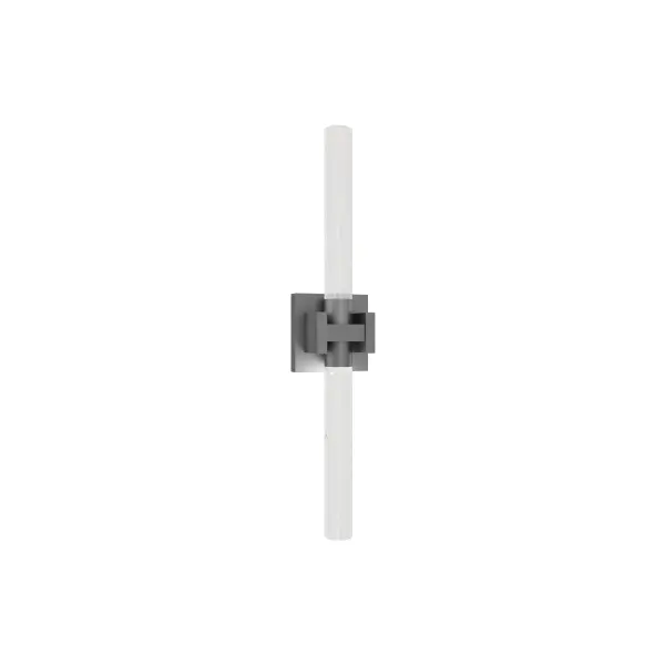 A glimmering bar of textured glass makes a luminous impression. Its sleek square metal wall plate anchors a cylindrical metal collar holding the lightbar in place.
