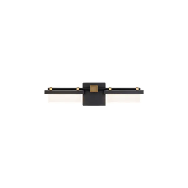 Perfectly proportioned. Two geometric blocks of etched acrylic serve as ideal diffusers for this sleek linear vanity luminaire. The handsome rectangular backplate integrates a black finish with aged brass accents.
