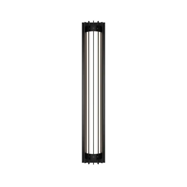 Crisp lines define this sophisticated wall light. Light shines through its banded diffuser creating a commanding presence on exteriors.