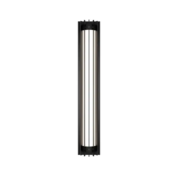Crisp lines define this sophisticated wall light. Light shines through its banded diffuser creating a commanding presence on exteriors.