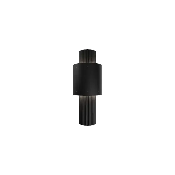 A smooth cylinder wraps around a corrugated tube. Light plays up and down its ridged silhouette through etched diffusers.