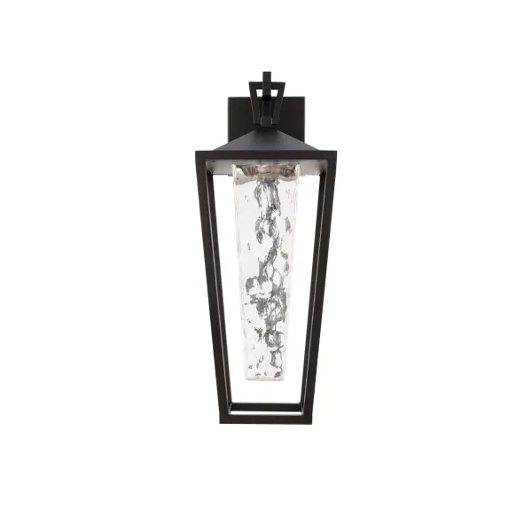 A thick hammered glass shade sends a textured glow from this modern wall lantern. An open cage frame and clean geometric accents provides added style.