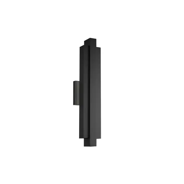 In a deceptively simple design, two substantial rectangles intersect. Bright LED illumination is delivered from the bottom and back of this minimalist light, creating an arresting pattern on the wall.