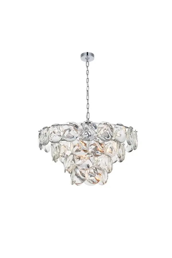 Dimensions
Chain/Rod Length: 59"
Length: 32"
Width: 32"
Height: 18"
Maximum Height: 83"
Wire Length: 142"
Specifications
Assembly Required: yes
Bulb Included: No
Crystal/Glass Color: Clear
Dimmable: Yes
Distressed Finish: No
Dry/Wet/Damp: Dry
ETL: Yes
Finish (Color): Chrome and Clear
Fixture Material: Iron and Crystal
Hanging Device: Chain
Hardware Finish: Chrome
Harware Material: Iron
Max/Nominal Watt: 840W
Number of Lights: 21
Product Shape: Round
Product Type: Chandeliers
Product Warranty: 1 year limited
Socket Type: E12
Voltage: 110V - 125V
Wattage/Bulb: 40W
Weight: 83
Wire Included: Yes
Shipment type: Oversize ground