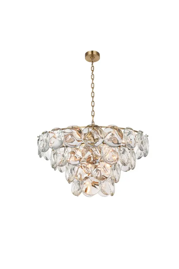 Dimensions
Chain/Rod Length: 59"
Length: 32"
Width: 32"
Height: 18"
Maximum Height: 83"
Wire Length: 142"
Specifications
Assembly Required: yes
Bulb Included: No
Crystal/Glass Color: Clear
Dimmable: Yes
Distressed Finish: No
Dry/Wet/Damp: Dry
ETL: Yes
Finish (Color): Satin Gold and Clear
Fixture Material: Iron and Crystal
Hanging Device: Chain
Hardware Finish: Satin Gold
Harware Material: Iron
Max/Nominal Watt: 840W
Number of Lights: 21
Product Shape: Round
Product Type: Chandeliers
Product Warranty: 1 year limited
Socket Type: E12
Voltage: 110V - 125V
Wattage/Bulb: 40W
Weight: 83
Wire Included: Yes
Shipment type: Oversize ground