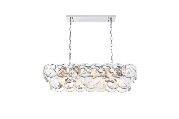 Dimensions
Chain/Rod Length: 59"
Length: 36"
Width: 12"
Height: 10"
Maximum Height: 76"
Wire Length: 142"
Specifications
Assembly Required: yes
Bulb Included: No
Crystal/Glass Color: Clear
Dimmable: Yes
Distressed Finish: No
Dry/Wet/Damp: Dry
ETL: Yes
Finish (Color): Chrome and Clear
Fixture Material: Iron and Crystal
Hanging Device: Chain
Hardware Finish: Chrome
Harware Material: Iron
Max/Nominal Watt: 560W
Number of Lights: 14
Product Shape: Rectangle
Product Type: Chandeliers
Product Warranty: 1 year limited
Socket Type: E12
Voltage: 110V - 125V
Wattage/Bulb: 40W
Weight: 63
Wire Included: Yes
Shipment type: Small parcel