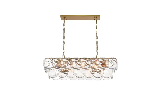 Dimensions
Chain/Rod Length: 59"
Length: 36"
Width: 12"
Height: 10"
Maximum Height: 76"
Wire Length: 142"
Specifications
Assembly Required: yes
Bulb Included: No
Crystal/Glass Color: Clear
Dimmable: Yes
Distressed Finish: No
Dry/Wet/Damp: Dry
ETL: Yes
Finish (Color): Satin Gold and Clear
Fixture Material: Iron and Crystal
Hanging Device: Chain
Hardware Finish: Satin Gold
Harware Material: Iron
Max/Nominal Watt: 560W
Number of Lights: 14
Product Shape: Rectangle
Product Type: Chandeliers
Product Warranty: 1 year limited
Socket Type: E12
Voltage: 110V - 125V
Wattage/Bulb: 40W
Weight: 63
Wire Included: Yes
Shipment type: Small parcel