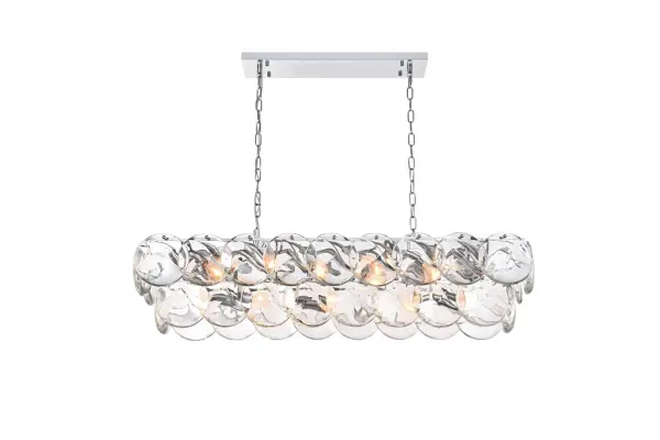 Dimensions
Chain/Rod Length: 59"
Length: 42"
Width: 12"
Height: 10"
Maximum Height: 76"
Wire Length: 142"
Specifications
Assembly Required: yes
Bulb Included: No
Crystal/Glass Color: Clear
Dimmable: Yes
Distressed Finish: No
Dry/Wet/Damp: Dry
ETL: Yes
Finish (Color): Chrome and Clear
Fixture Material: Iron and Crystal
Hanging Device: Chain
Hardware Finish: Chrome
Harware Material: Iron
Max/Nominal Watt: 680W
Number of Lights: 17
Product Shape: Rectangle
Product Type: Chandeliers
Product Warranty: 1 year limited
Socket Type: E12
Voltage: 110V - 125V
Wattage/Bulb: 40W
Weight: 70
Wire Included: Yes
Shipment type: Small parcel